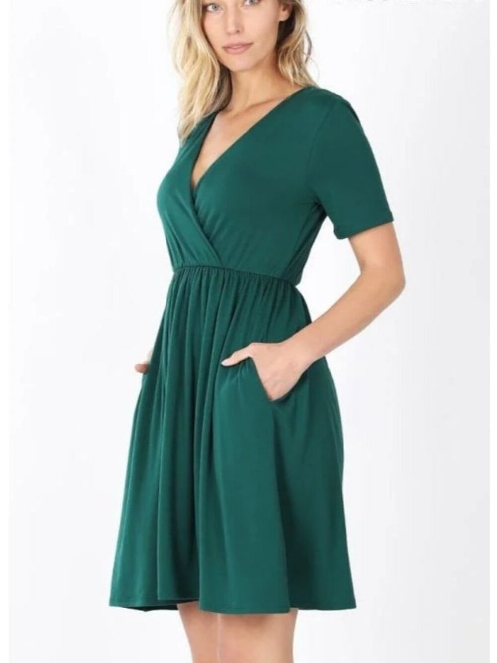 Zenana Mini Dress Large Short Sleeve Surplice Neck Green Poly Blend Office Chic